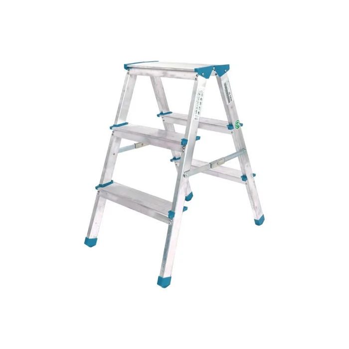 3+3 ÇİFT BASAMAKLI ALÜMİNYUM METAL MERDİVEN YÜKSEKLİK = 69CM BAŞ GENİŞLİK = 8CM (5047)