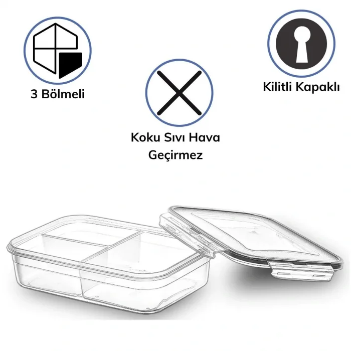 3 Bölmeli Kilitli Kapaklı 1 Litre Erzak Saklama Kabı LC-510 (5047)