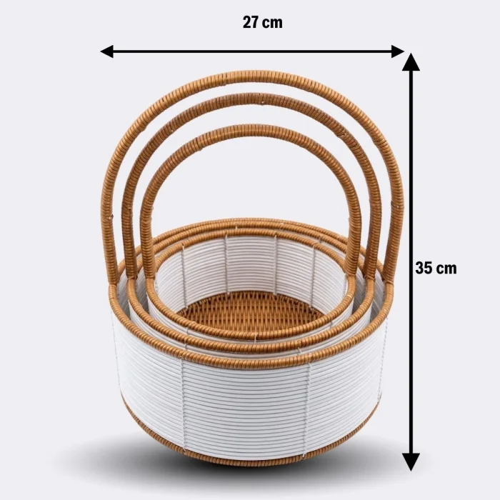 3 Boy İç İçe Geçebilen Plastik Rattan Sepetler–Beyaz Renkli,Kahverengi Saplı, Çok Amaçlı Düzenleyici ve Sunum Sepeti Seti (5047)