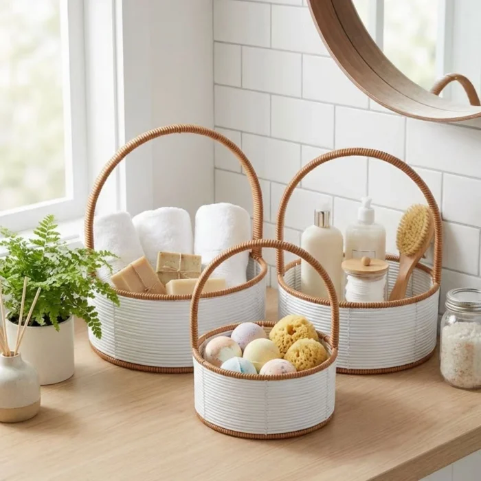 3 Boy İç İçe Geçebilen Plastik Rattan Sepetler–Beyaz Renkli,Kahverengi Saplı, Çok Amaçlı Düzenleyici ve Sunum Sepeti Seti (5047)