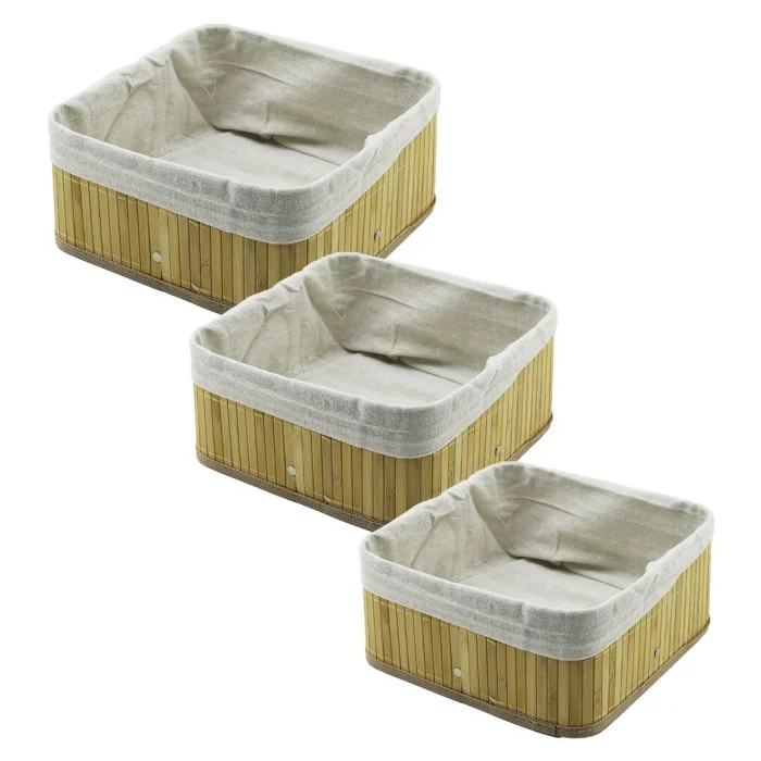 3 BOY KARE BAMBU KENAR ORGANİZER SEPET AHŞAP ALTLIK - BEZLİ 17X17-21X21-26X26CM (5047)