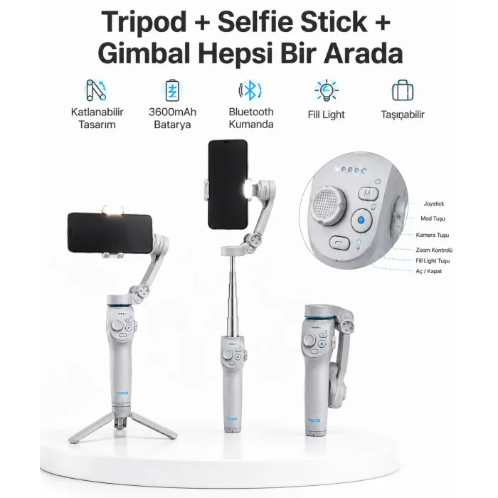 3 Eksen Telefon Gimbal Stabilizer Yapay Zeka Takipli Katlanabilir Dahili Dolgu Işıklı Video Sabitleyici
