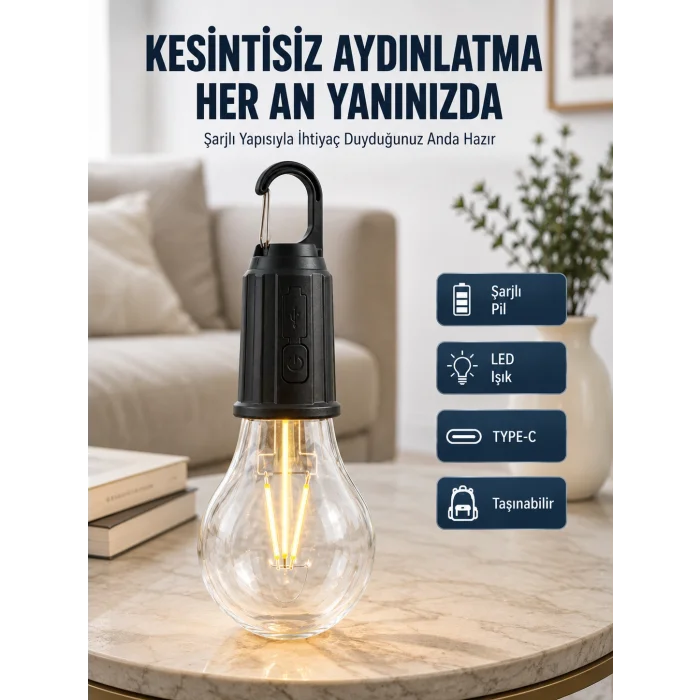 3 Farklı Mod LEDli Şarjlı Asma Kancalı Kamp Lambası Taşınabilir Ampul