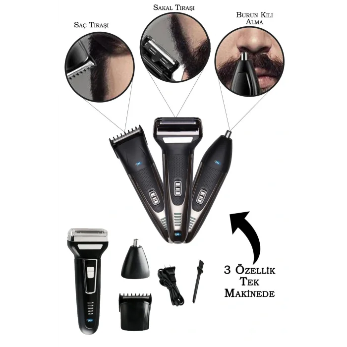 3 in 1 Saç Sakal Kesme Ense Burun Tıraş Makinesi Seti (5047)