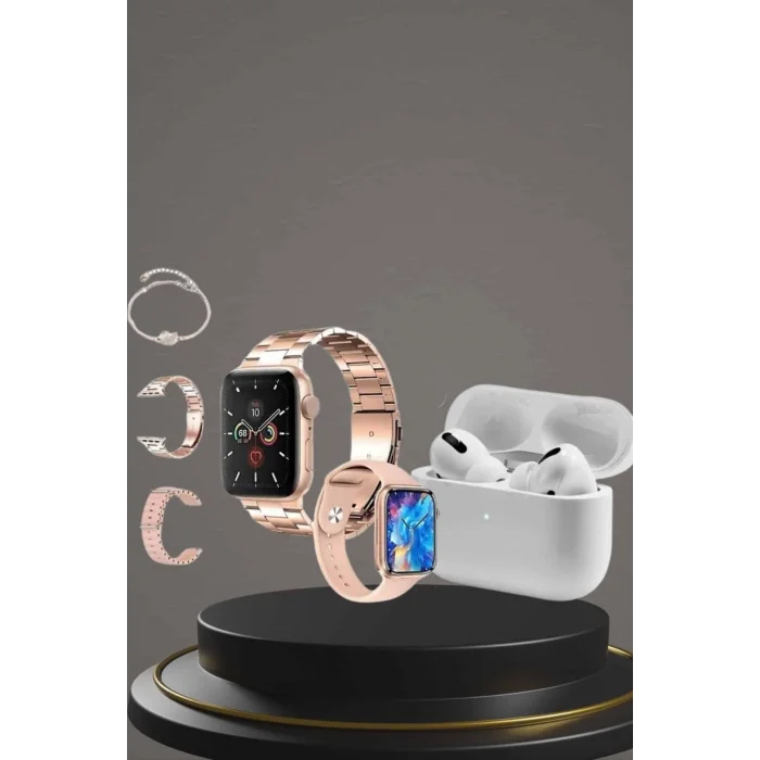 3 Kordonlu Pembe Amoled Ekran Akıllı Saat ve Yeni Nesil Pro Kablosuz Bluetooth Kulaklık ANC/ENC