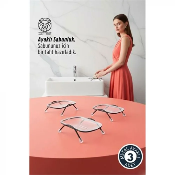 3 lü Ayaklı Sabunluk – Su Giderli, Şeffaf Tasarım, 12 x 9 cm, Tezgah Üstü Kullanım