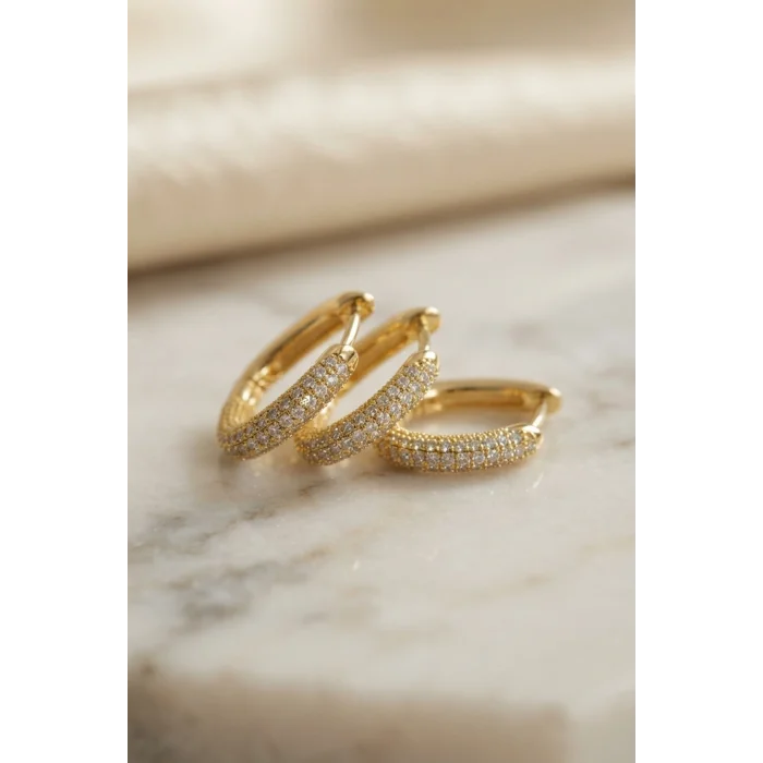 3 lü Set Gold Renk Zirkon Taşlı Kare Halka Küpe