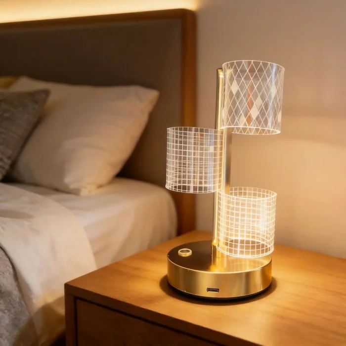 3 Parça Silindirik Kristal Ekose Kareli LED Masa Lambası – Gold Gövdeli, Dokunmatik, 3 Kademe Işık Ayarlı Şarjlı Dekoratif Lamba (5047)