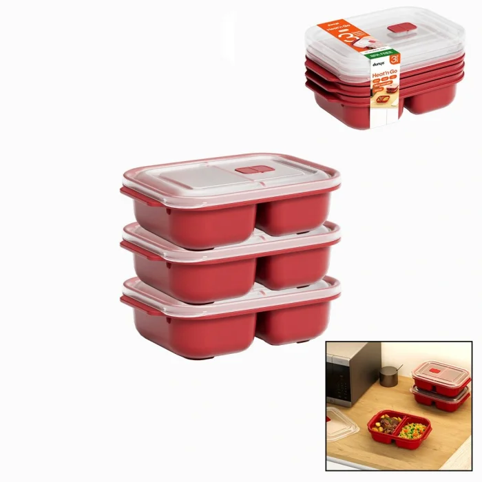 3 PCS KIRMIZI BÖLME DİKDÖRTGEN SAKLAMA KAB SET 1200ML (5047)