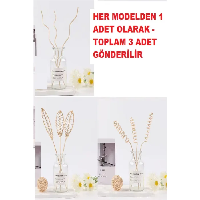3 Tek Adet 3 Model Aromaterapi Koku Dağıtıcı Rattan Şişe Ahşap Difüzör Çubuk (Spiral-Yaprak-Dalgalı)