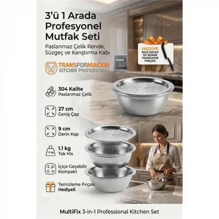 3ü 1 Arada Profesyonel Mutfak Seti - Paslanmaz Çelik Rende, Süzgeç Ve Karıştırma Kabı (27 Cm) 723296