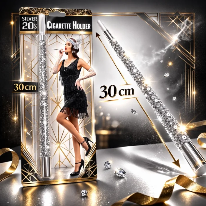 30 cm Gümüş Payetli  Tutacağı – 1920’ler Gatsby Parti Aksesuarı