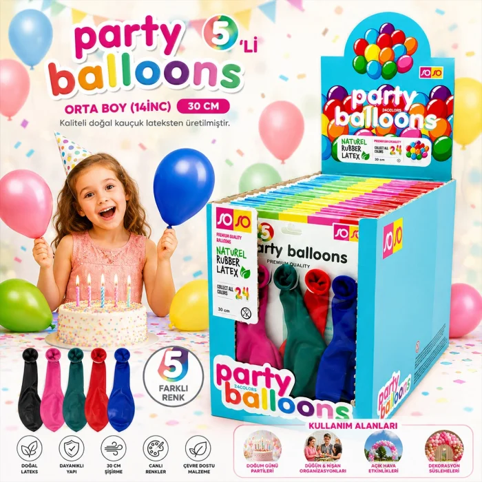 30 PAKET - 5PCS ORTA BOY RENKLİ - 30CM PARTY BALON TOPTAMDA 150 ADET BALON (5047)