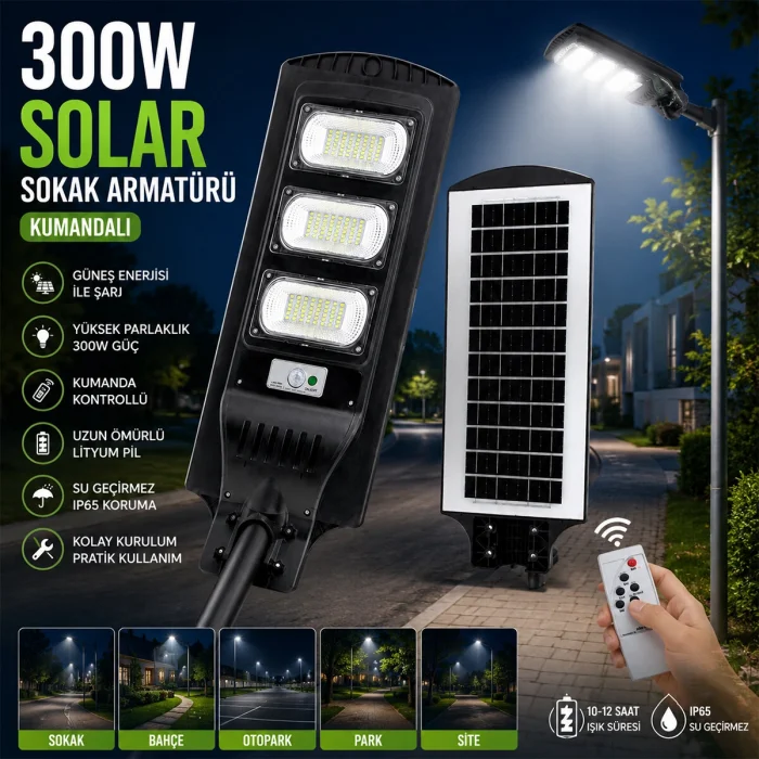 300W - 6500K SOLAR - GÜNEŞ ENERJİLİ SOKAK LAMBASI - ARMATÜR SENSÖRLÜ BAHÇE-BALKON-SOKAK ARS-348966 (5047)
