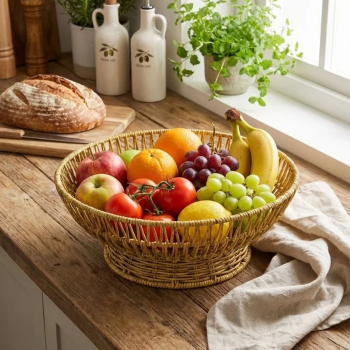 31 cm Plastik Rattan Servis Çanağı – Doğal Hasır Görünümlü Dekoratif Meyve, Ekmek ve Sunum Kasesi (5047)