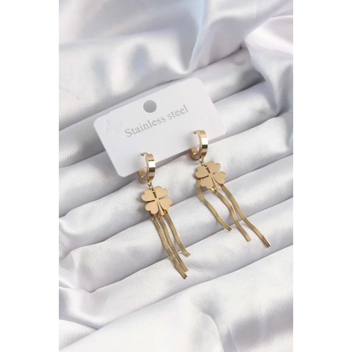 316L Çelik Altın Renk İtalyan Zincirli Yonca Model Halka Küpe