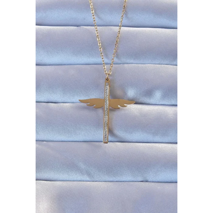 316L Çelik Altın Renk Zirkon Taşlı Mikail Kolye