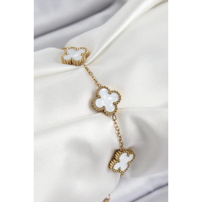 316L Çelik Beyaz Sedef Yonca Model Gold Renk Kadın Bileklik