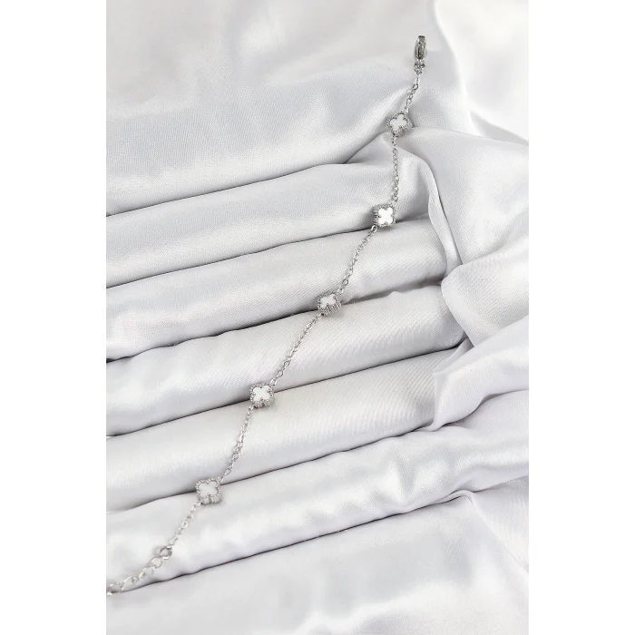 316L Çelik Beyaz Sedef Yonca Model Gümüş Renk Kadın Bileklik