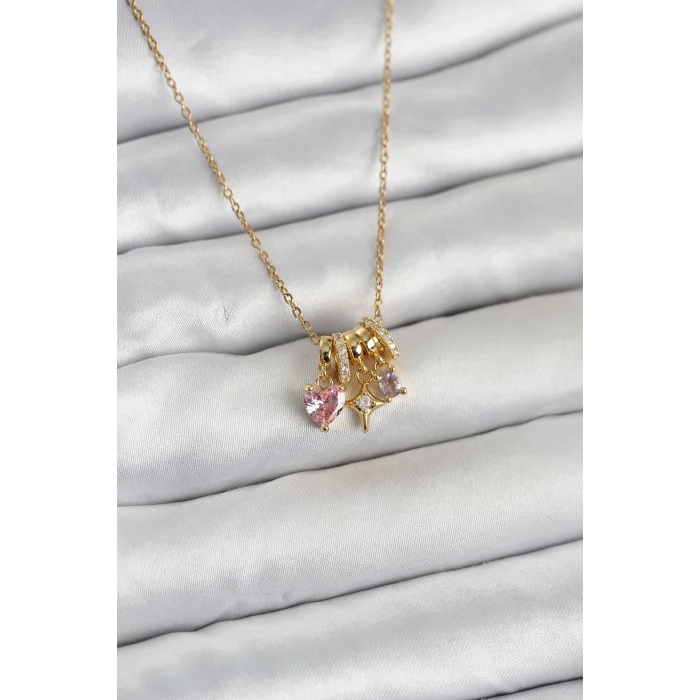 316L Çelik Gold Pembe Zirkon Taşlı Charmlı Kadın Kolye