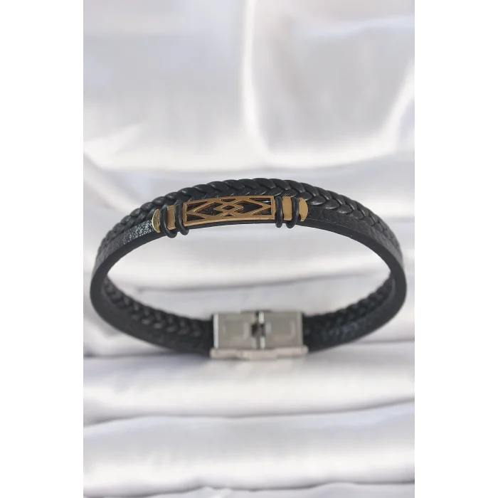 316L Çelik Gold Renk Aksesuarlı Çift Sıra Siyah Burgu Desenli Deri Kordon Erkek Bileklik