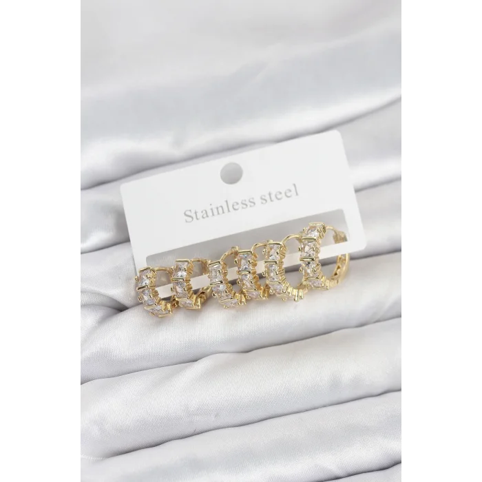 316L Çelik Gold Renk Baget Zirkon Taşlı Halka Küpe Seti