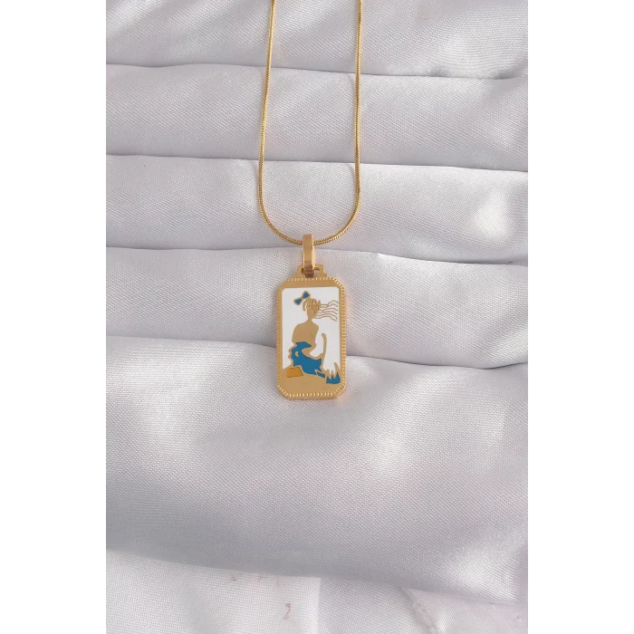 316L Çelik Gold Renk Beyaz Mineli Kız Figür Tarot Kolye