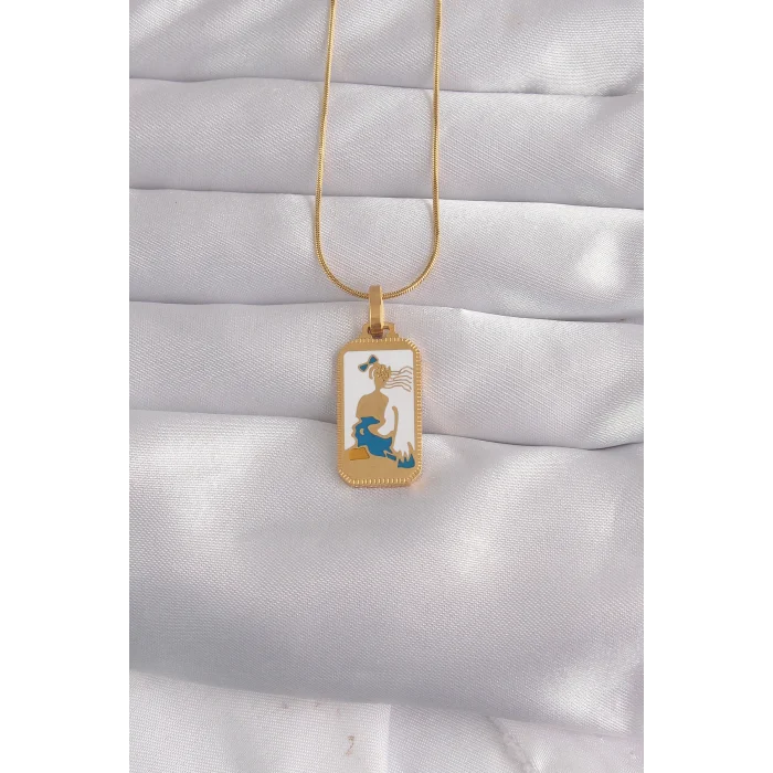 316L Çelik Gold Renk Beyaz Mineli Kız Figür Tarot Kolye