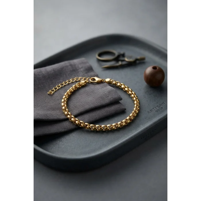 316L Çelik Gold Renk Box Zincir Model Erkek Bileklik