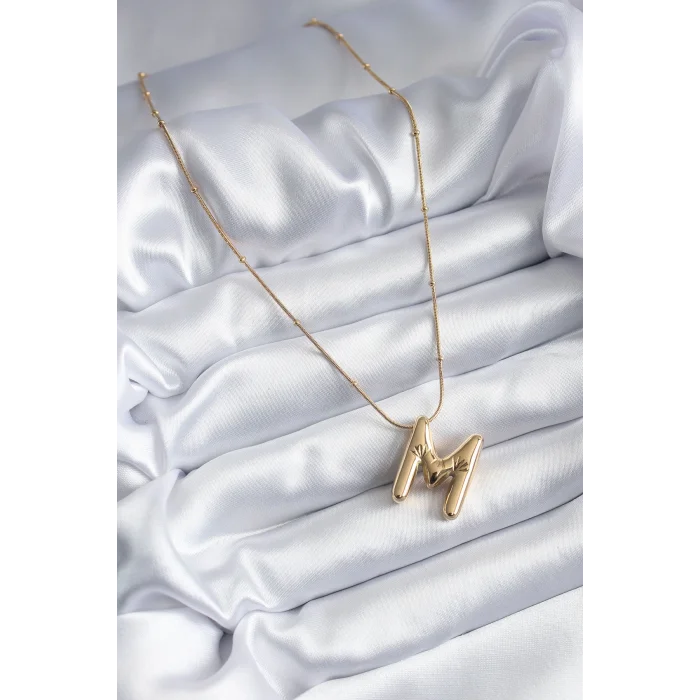 316L Çelik Gold Renk Bubble M Harf Model Kadın Kolye