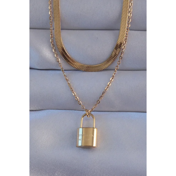 316L Çelik Gold Renk Çift Zincir Kilit Model Kolye