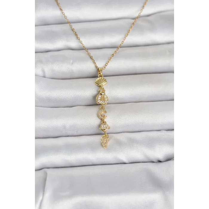 316L Çelik Gold Renk Deniz Temalı Y Model Zirkon Taşlı Kadın Kolye