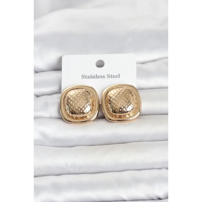 316L Çelik Gold Renk Düğme Model Kadın Küpe