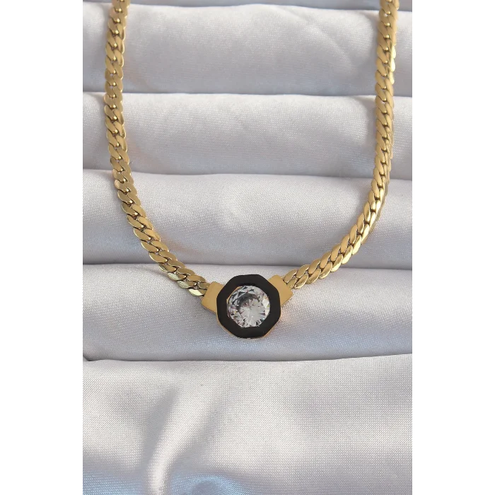 316L Çelik Gold Renk Ezme Zincir Zirkon Taşlı Mineli Serenay Kolyesi