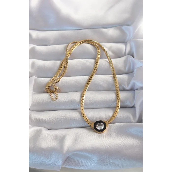 316L Çelik Gold Renk Ezme Zincir Zirkon Taşlı Mineli Serenay Kolyesi