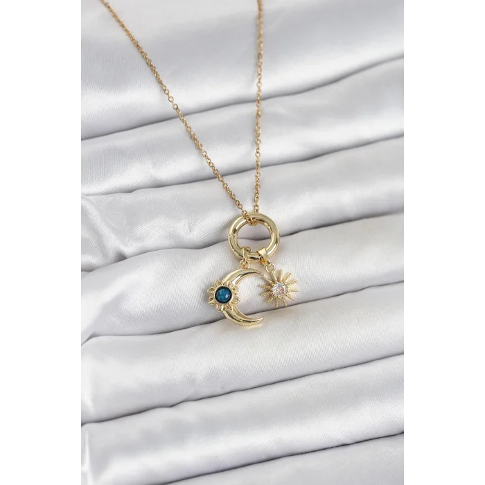 316L Çelik Gold Renk Gece Gündüz Tema Charmlı Kadın Kolye