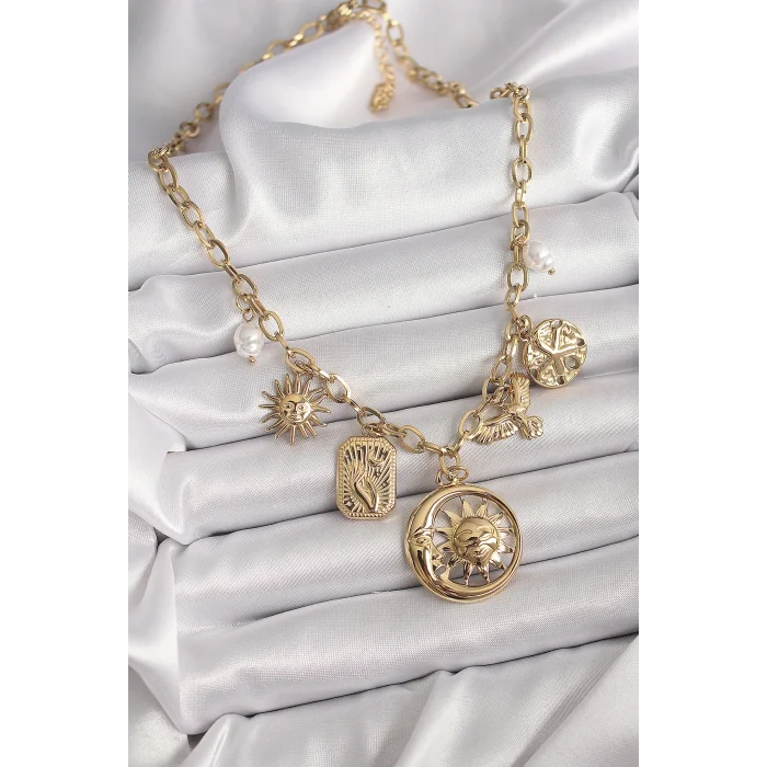 316L Çelik Gold Renk Halka Zincir Sallantı Ay Güneş Figür Kuş Detay Kadın Kolye