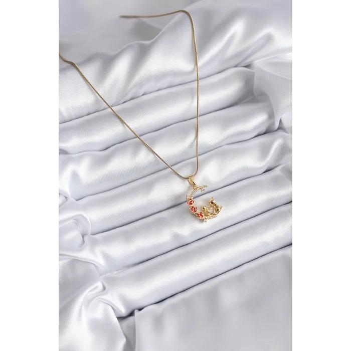 316L Çelik Gold Renk Hilal Kedi Model Zirkon Taşlı Detay Kadın Kolye