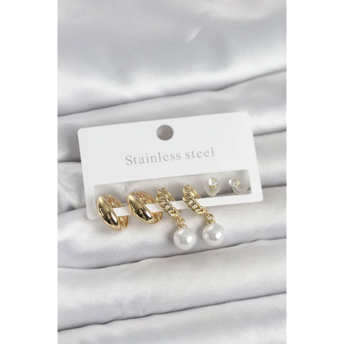 316L Çelik Gold Renk inci Halka Detaylı Kadın Küpe Seti