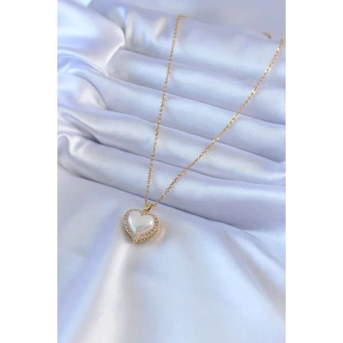 316L Çelik Gold Renk İncili Kalp Model Zirkon Taşlı Kadın Kolye