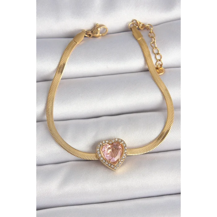316L Çelik Gold Renk İtalyan Zincir Pembe Zirkon Taşlı Kalp Model Kadın Bileklik