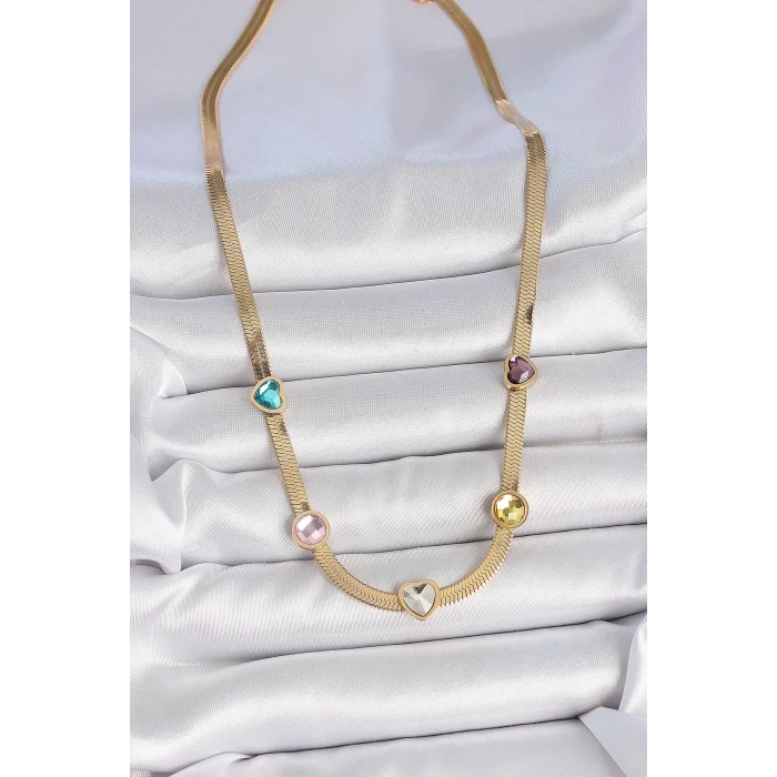 316L Çelik Gold Renk İtalyan Zincir Renkli Zirkon Taşlı Kalp Figür Kadın Kolye