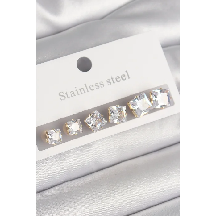 316L Çelik Gold Renk Kare Zirkon Taş Model Kadın Küpe Seti