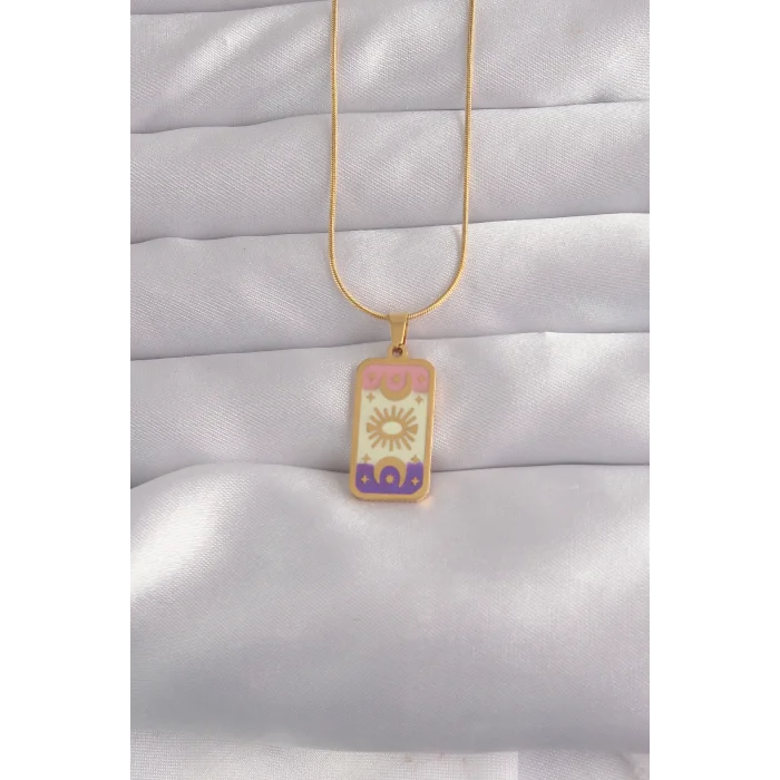 316L Çelik Gold Renk Karışık Mineli Ay Figür Tarot Kolye