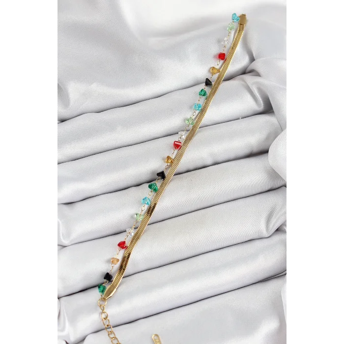 316L Çelik Gold Renk Kristal Karışık Renkli Taşlı 2li Kadın Bileklik