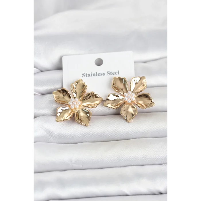 316L Çelik Gold Renk Lotus Çiçek Model Kadın Küpe