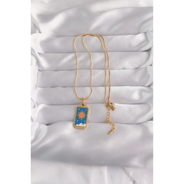 316L Çelik Gold Renk Mavi Mineli Güneş Model Tarot Kolye
