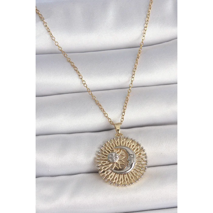 316L Çelik Gold Renk Mix Renk Ay Güneş Model Kadın Kolye