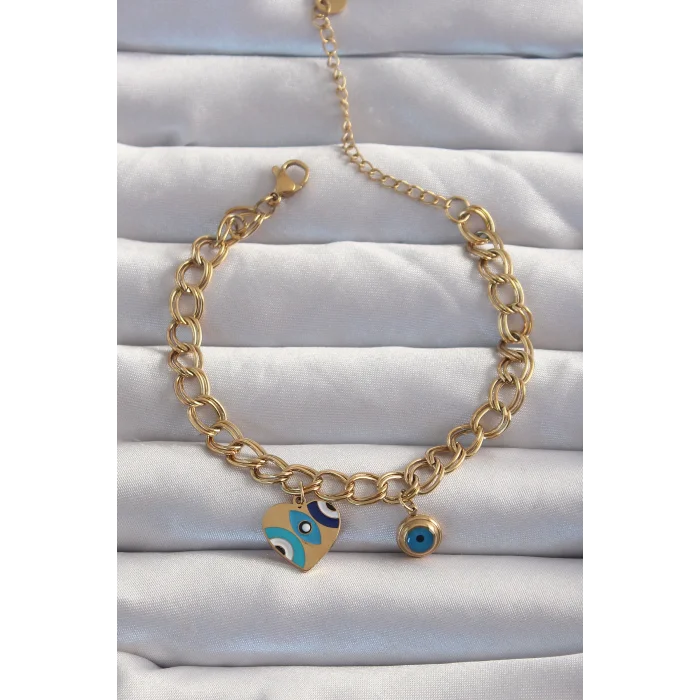 316L Çelik Gold Renk Nazarlı Kalp Model Zincir Bileklik