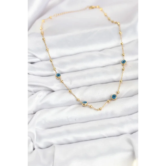 316L Çelik Gold Renk Nazarlı ve Topçuklu Model Kadın Kolye